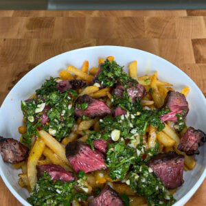 loaded steak fries with chimichurri
