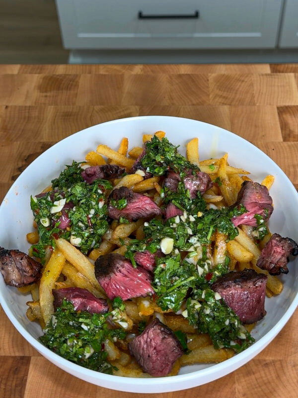 loaded steak fries with chimichurri