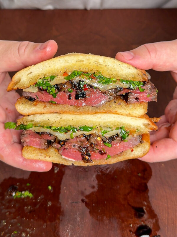 Steak Sandwich with Caramelized Onions & Chimichurri